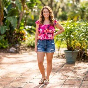 VTG Bebe Pink Watercolor Ruffle Crop On or Off Shoulder Blouse Size XS